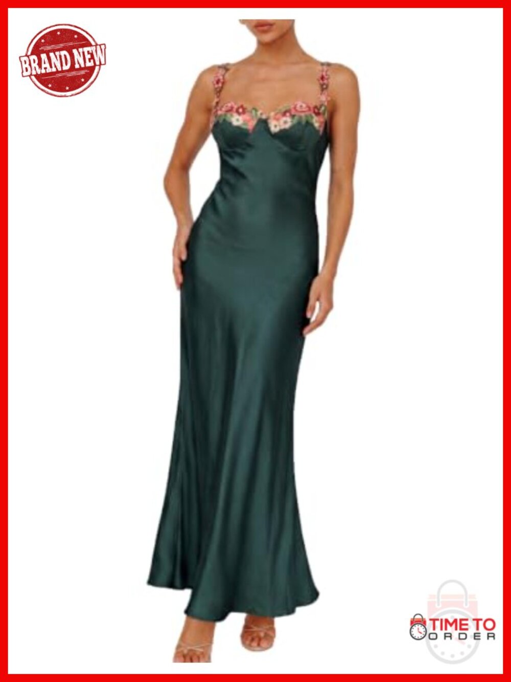 Satin Floral Embroidered Spaghetti Strap Maxi Dress Bodycon Formal